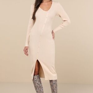 Lulus Demure Attitude Beige Ribbed Asymmetrical Midi Sweater Dress - Size M